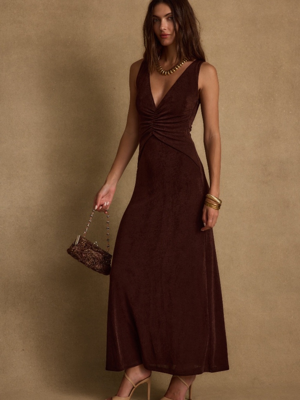 12th Tribe Reese Espresso Slinky Maxi Dress Size MM